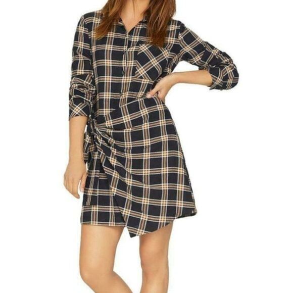 Sanctuary Ani Plaid Faux Wrap Long Sleeve Cotton Dress Large NWT - Picture 1 of 6